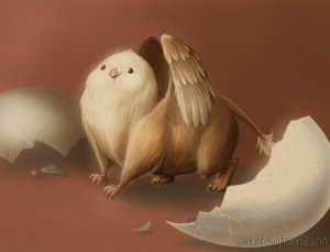 My favorite thing about Brittany Fuerst's art is actually her little demon mascot--that are this painting of a pudgy hippogryph chick