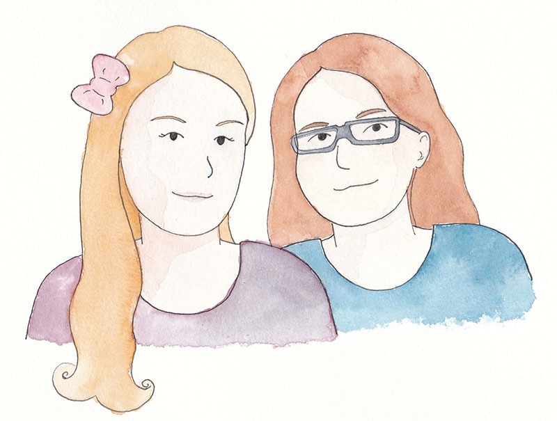 watercolor image of sisters Fred and Lena. Fred wears glasses and Lena wears a hairbow.